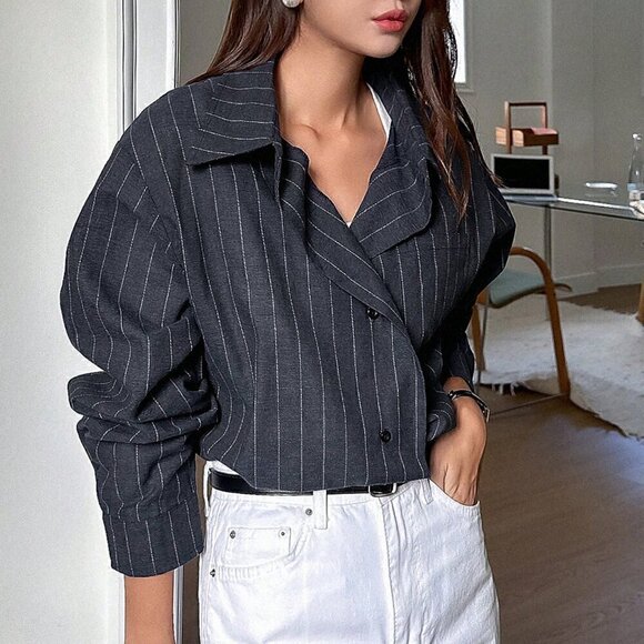 Blue Casual Women's Striped Print Drop Shoulder Shirt - Picture 5 of 5